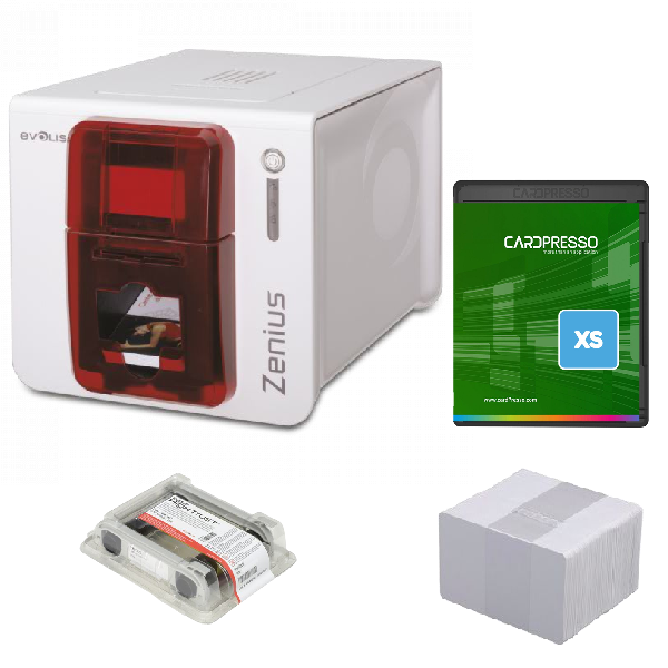 PROMOCION TODO EN UNO, INCLUYE IMPRESORA EVOLIS ZENIUS 1 RIBBON YMCKO PARA 200 IMPRESIONES, 100 TARJETAS DE PVC Y SOFTWARE CARDPRESSO XS